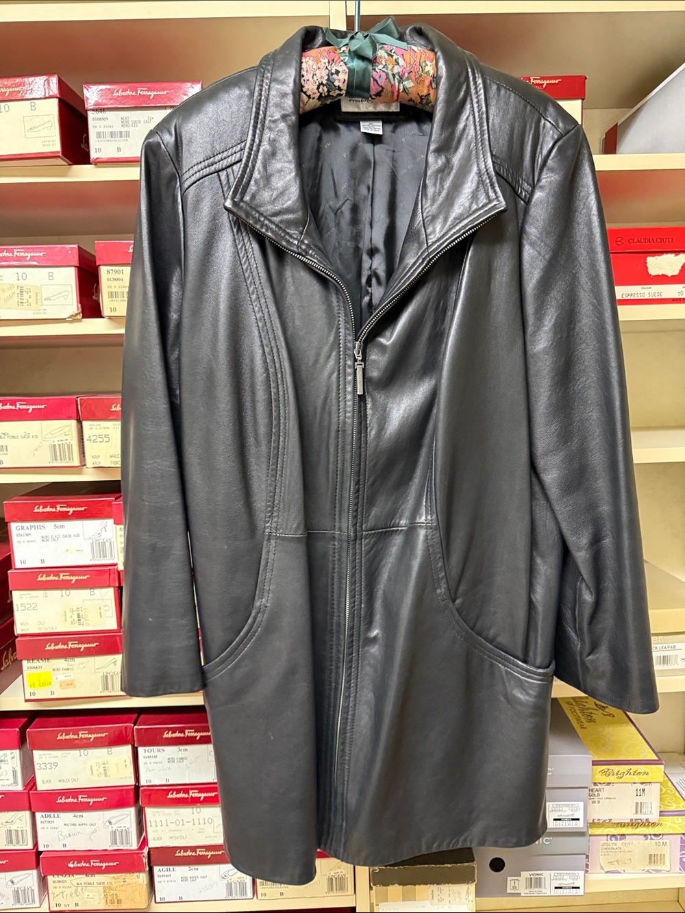 Preston & York Black Leather Jacket with Floral Trim